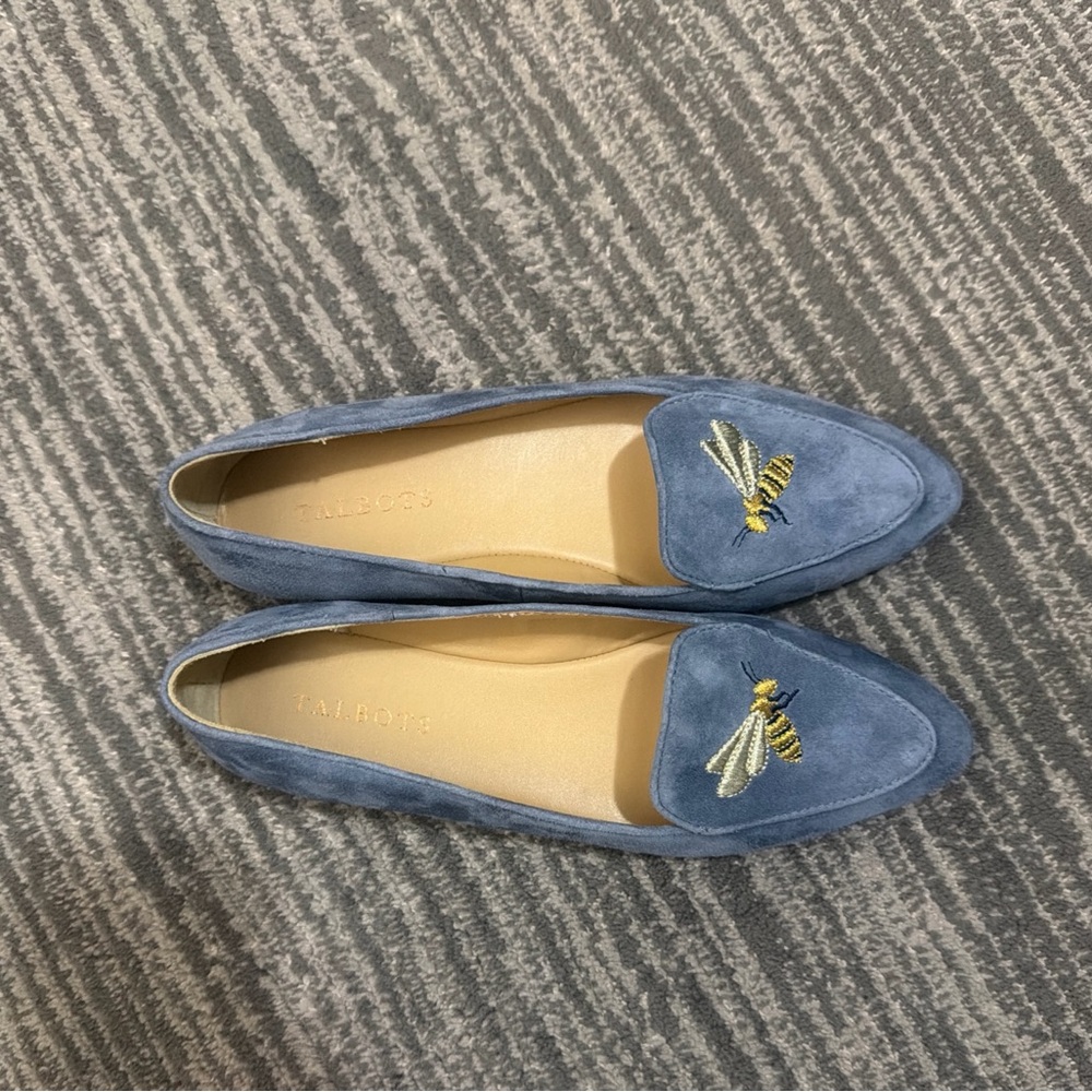 Talbots Blue Loafers with Bee Embroidery